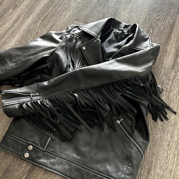 EUC ASOS‎ 100% Real Leather Fringe Moto Jacket Sz Small Black Western Boho Biker - Picture 12 of 16